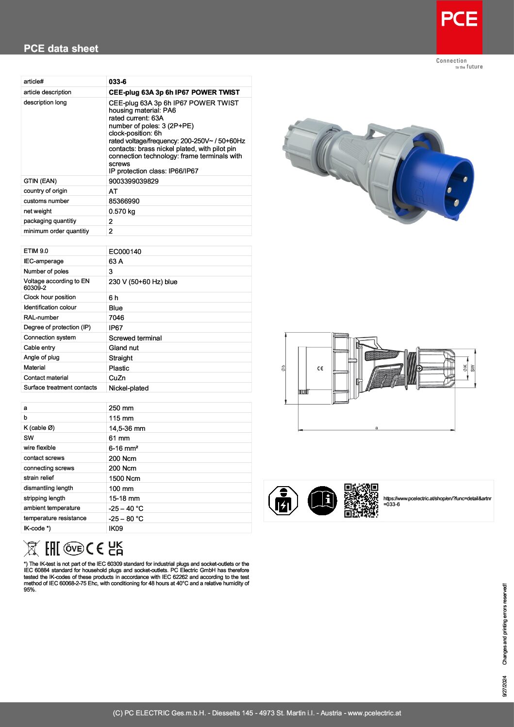 Plug 63A 3p 6h IP67 POWER TWIST 033-6