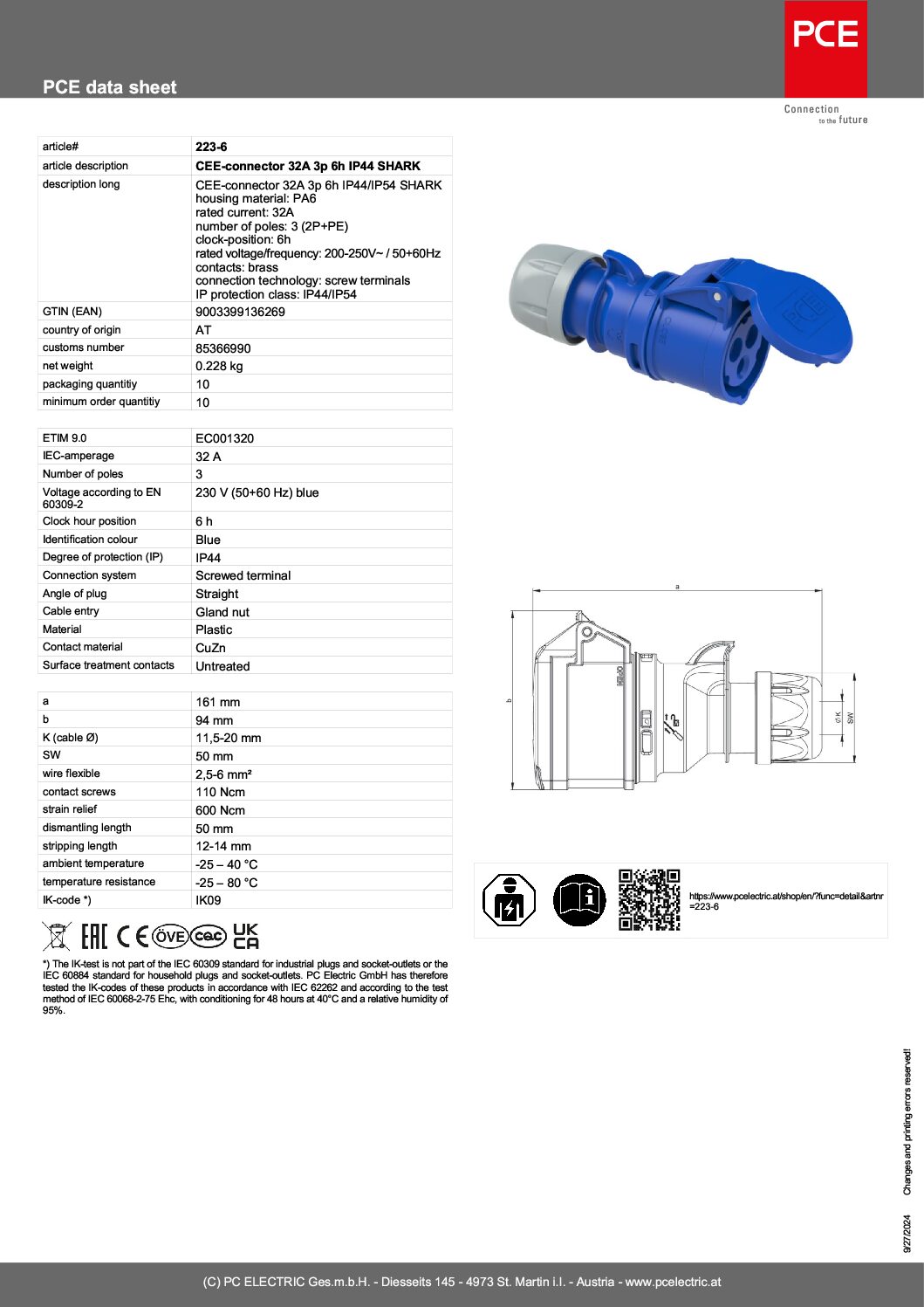 CEE-sockets 32A 3p 6h IP44 SHARK, 223-6