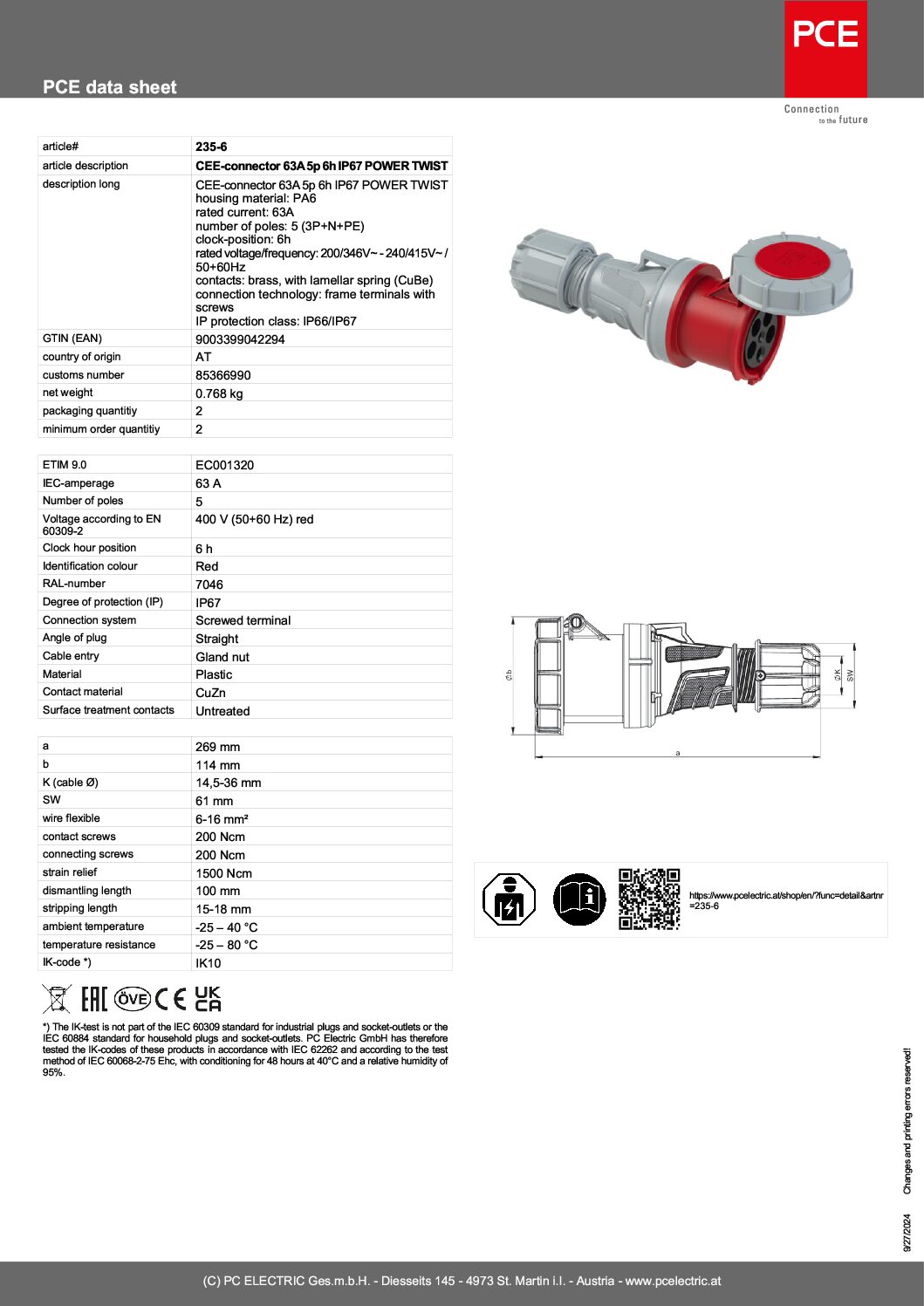 CEE-sockets Three Phase 63amp 5p 3P+N+E, 235-6