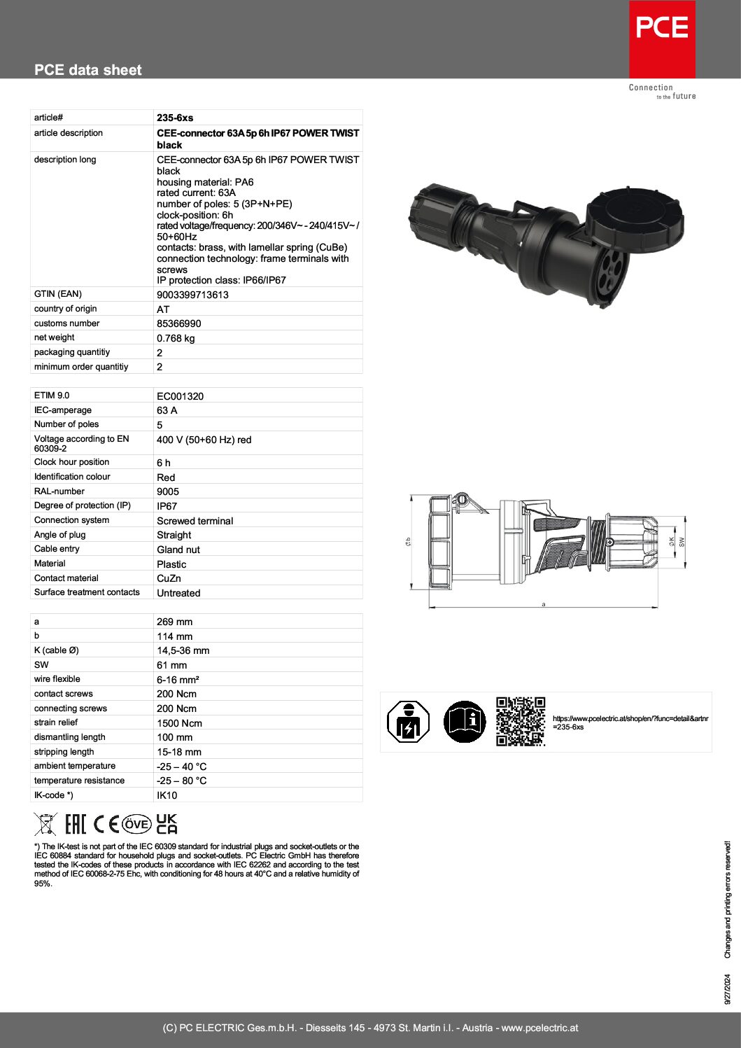 CEE-sockets Three Phase 63amp 5p 3P+N+E Black, 235-6xs