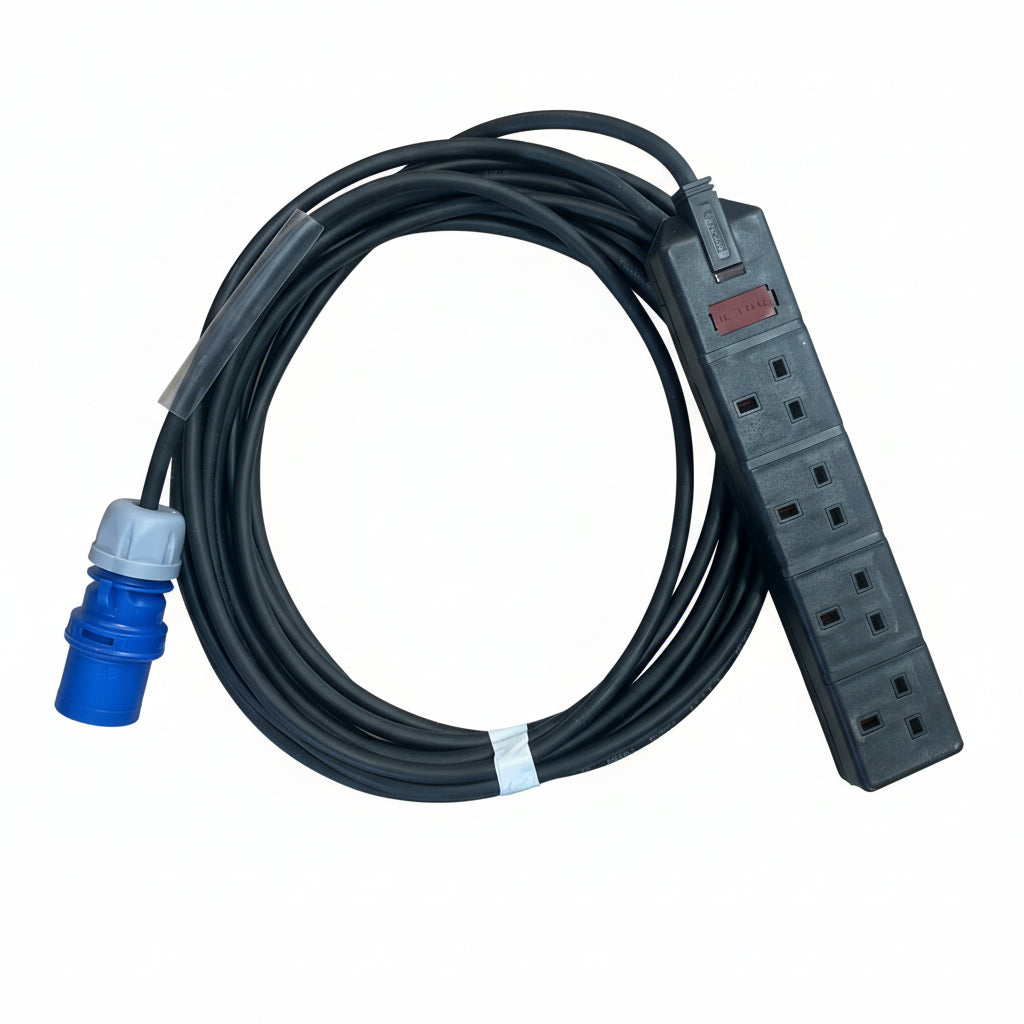 This 16A to 13A adaptor lead is a simple, tidy way to power multiple 13A appliances from a 16A supply. It is ideal for control gear, small tools, chargers, laptops, network kit, and general light duty loads where you want the convenience of domestic sockets without dragging in another distribution board.
