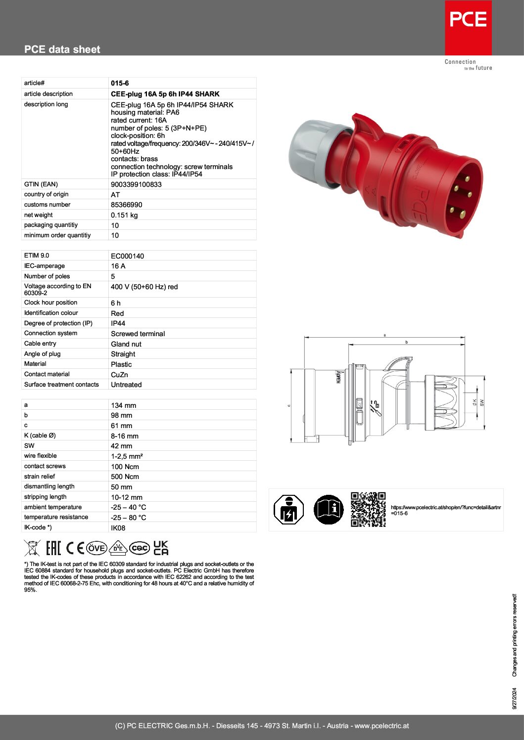 Plug Three Phase 16amp 5p 3P+N+E, 015-6