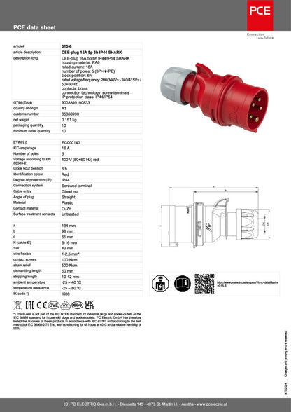 Plug Three Phase 16amp 5p 3P+N+E, 015-6