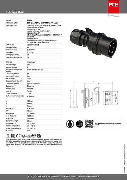 Plug Three Phase 16amp 5p 3P+N+E, Black 015-6X