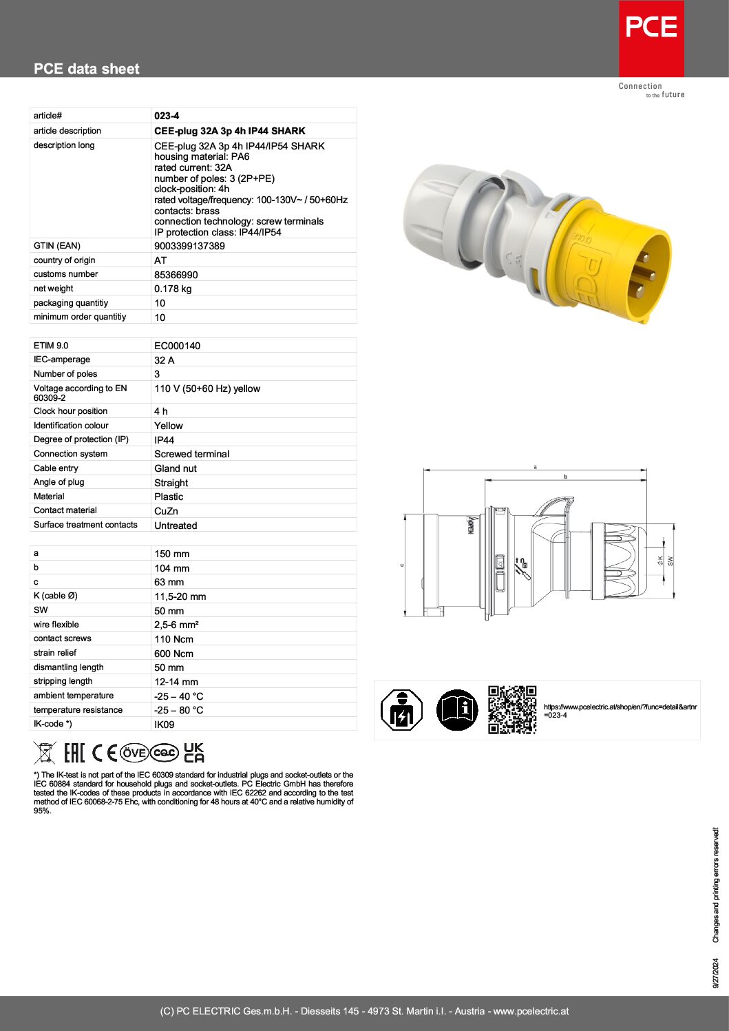 CEE-plug 32A 3p 4h IP44 SHARK 023-4