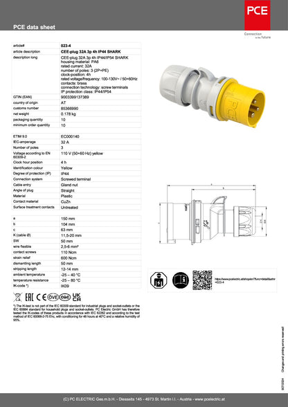 CEE-plug 32A 3p 4h IP44 SHARK 023-4