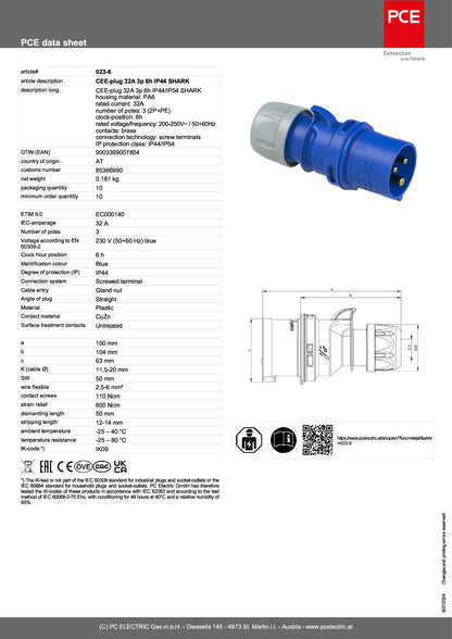CEE-plug 32A 3p 6h IP44 SHARK 023-6