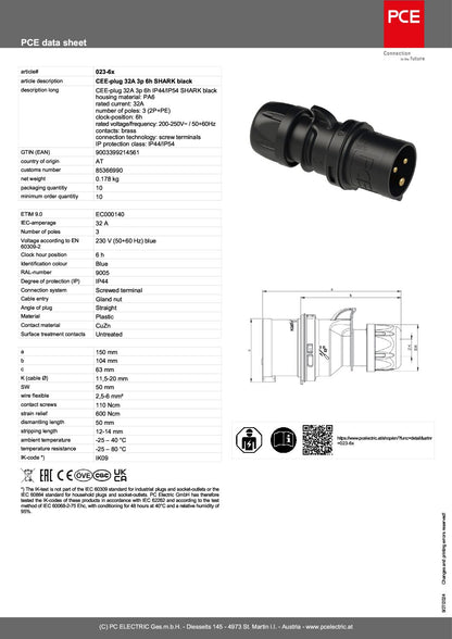 CEE-plug 32A 3p 6h IP44 SHARK Black, 025-6X
