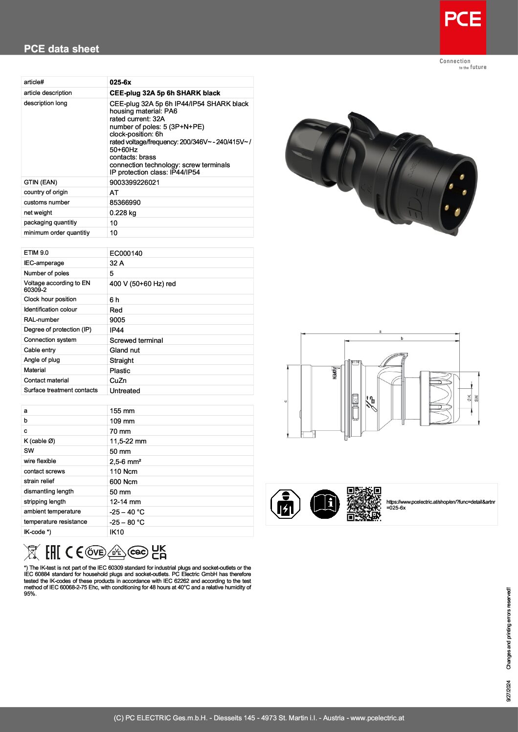 Plug Three Phase 32amp 5p 3P+N+E, Black 015-6X-1