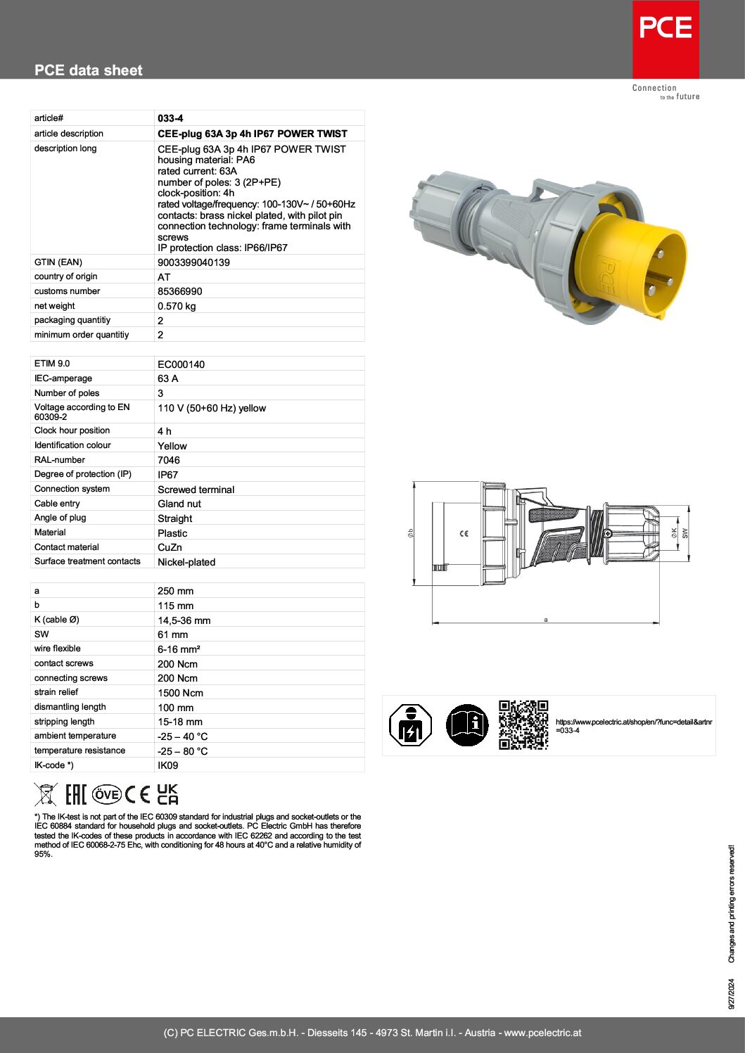 110v 63A 3p 6h IP67 POWER TWIST 033-4