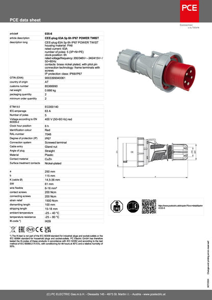 Plug Three Phase 63amp 5p 3P+N+E, 035-6