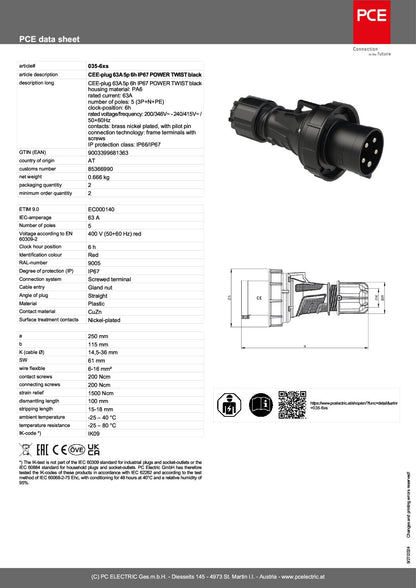 Plug Three Phase 63amp 5p 3P+N+E, Black 035-6XS