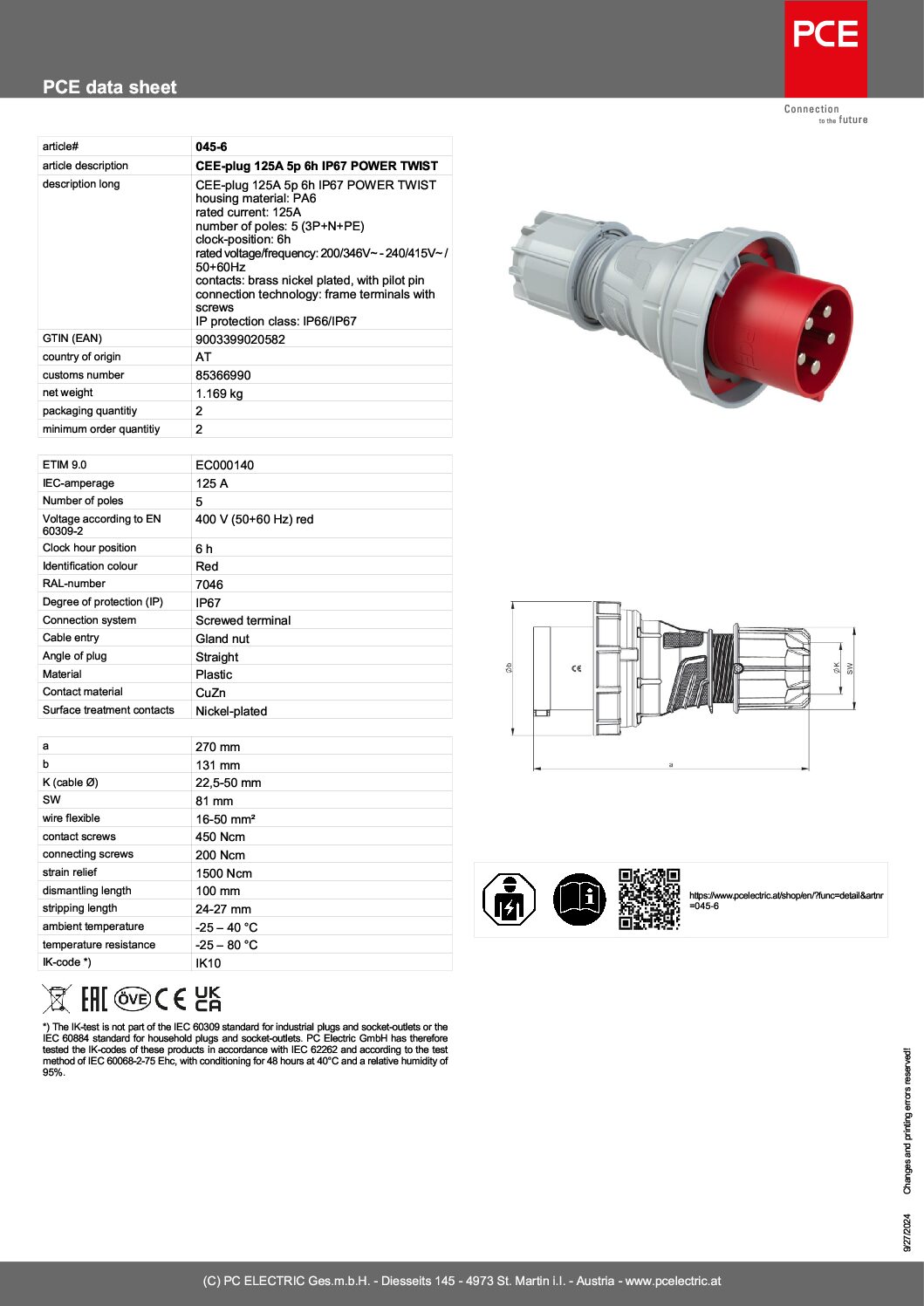 Plug Three Phase 125amp 5p 3P+N+E, 045-6