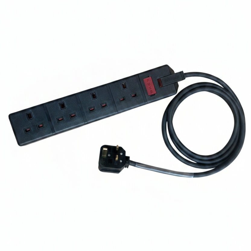 13Amp Black Plug to 13Amp Socket 4 Gang Cable