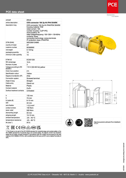 CEE-connector 16A 3p 4h IP44 SHARK 213-4