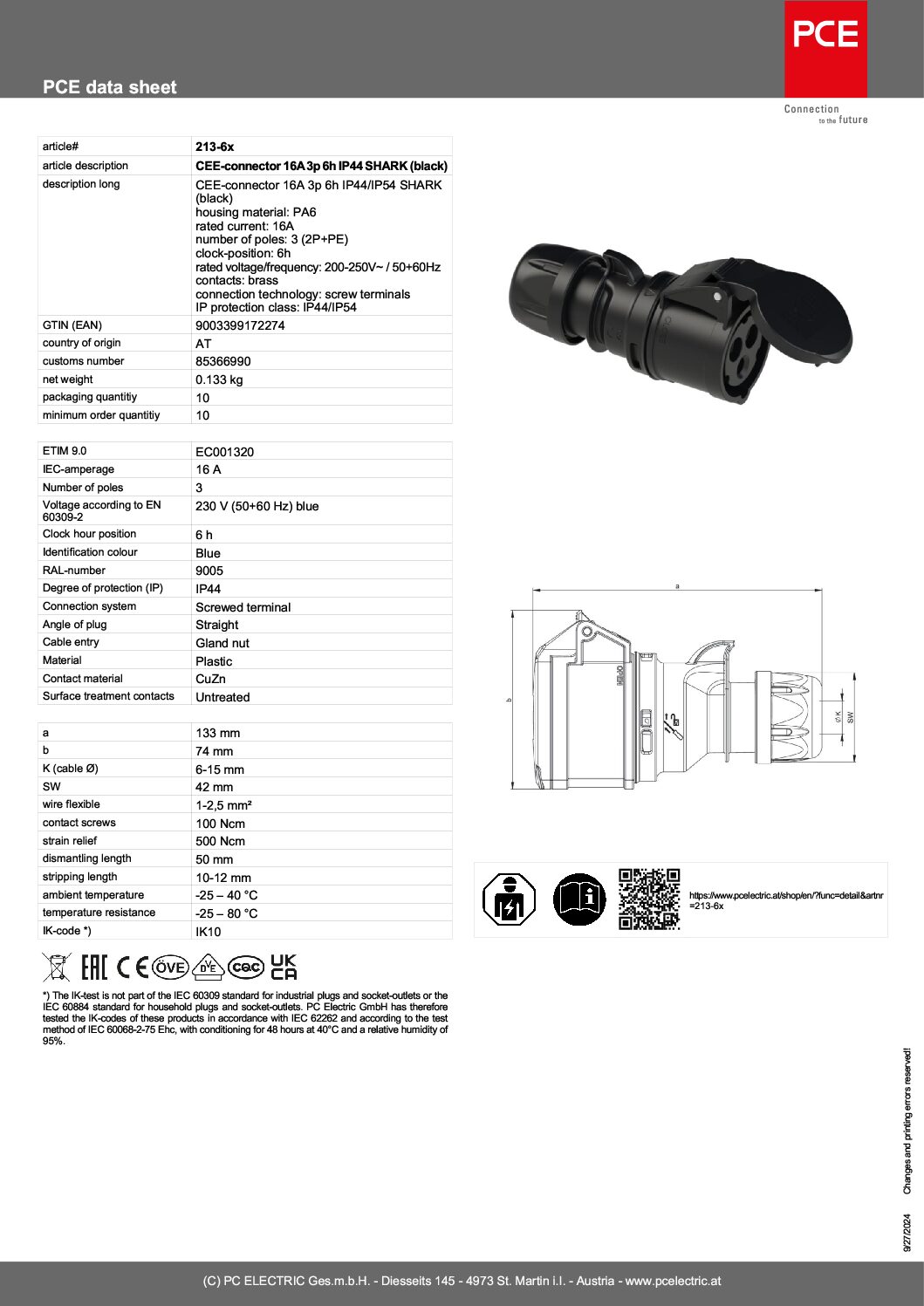 CEE-sockets 16A 3p 6h IP44 SHARK Black, 213-6X