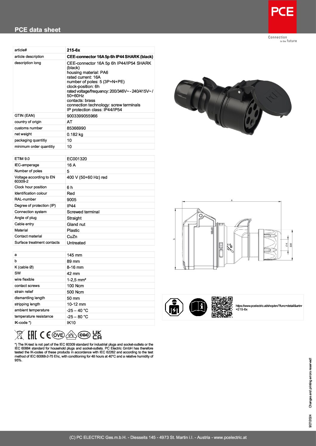 CEE-connector 16A 5p 6h IP44 SHARK 215-6x