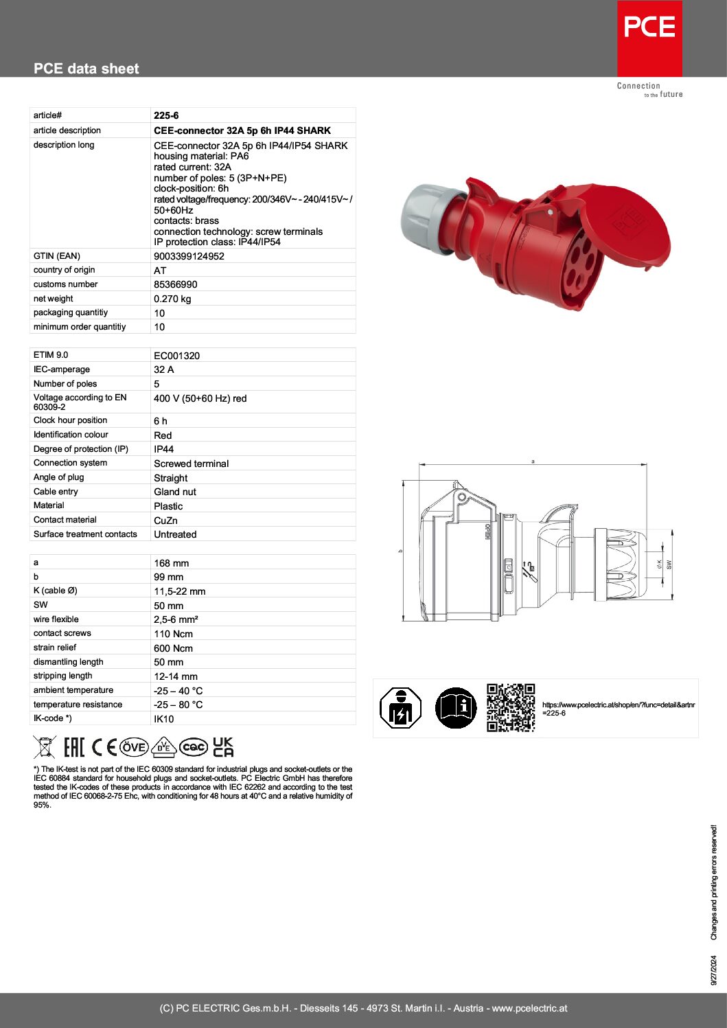 CEE-sockets Three Phase 32amp 5p 3P+N+E, 225-6