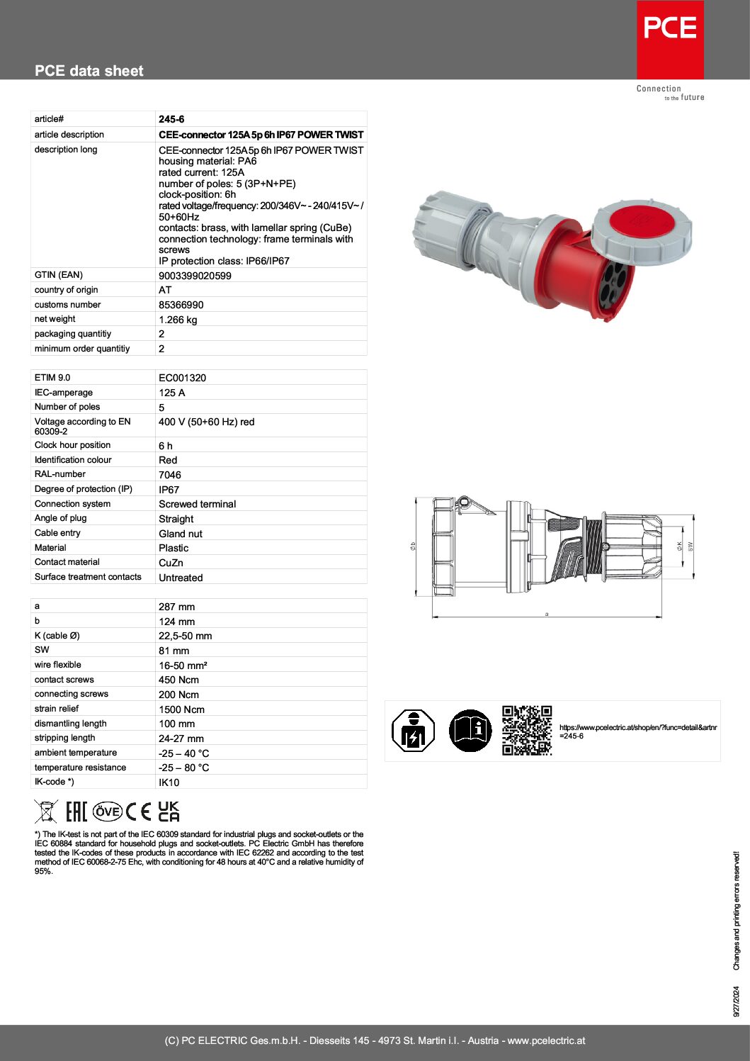 CEE-sockets Three Phase 125amp 5p 3P+N+E, 245-6