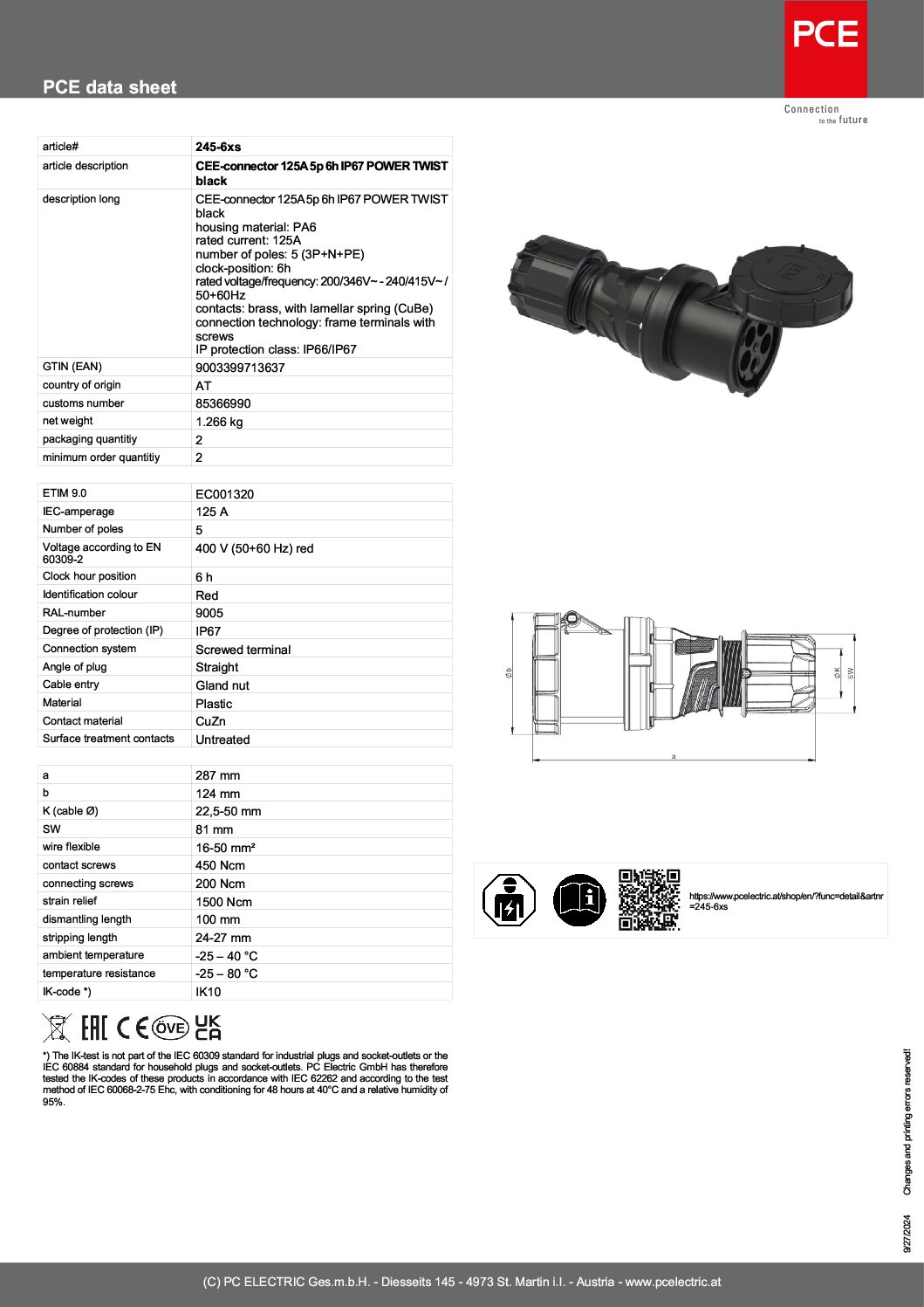 CEE-sockets Three Phase 125amp 5p 3P+N+E Black, 245-6xs