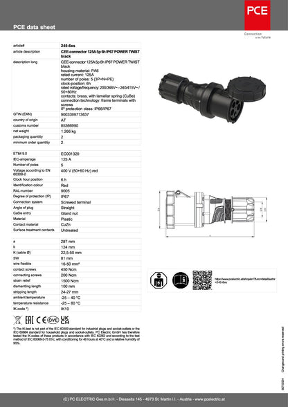 CEE-sockets Three Phase 125amp 5p 3P+N+E Black, 245-6xs