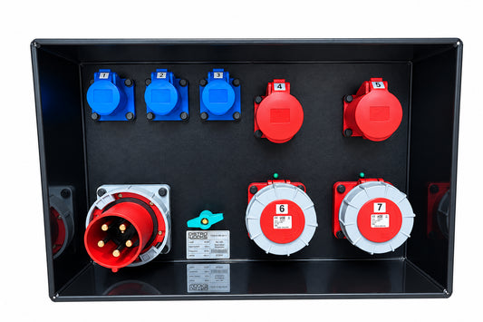 125A three phase compact power distribution box with 2 x 63A three phase, 2 x 32A three phase and 3 x 16A single phase outputs. Suitable for mains, generator and temporary power distribution.