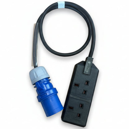 This 16A to 13A adaptor Cable is a simple, tidy way to power two 13A appliances from a 16A supply.