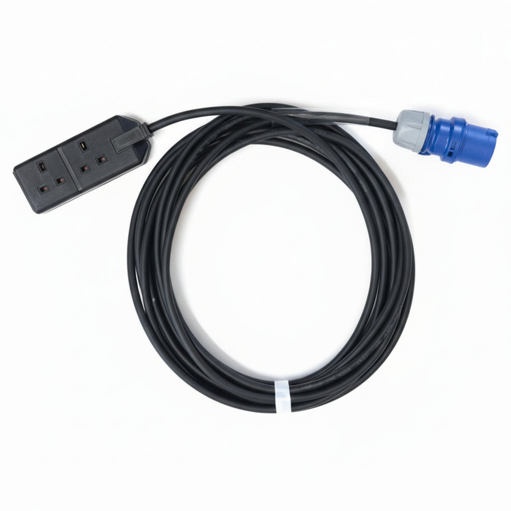 This 16A to 13A adaptor Cable is a simple, tidy way to power two 13A appliances from a 16A supply