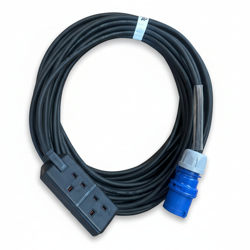 This 16A to 13A adaptor Cable is a simple, tidy way to power two 13A appliances from a 16A supply.