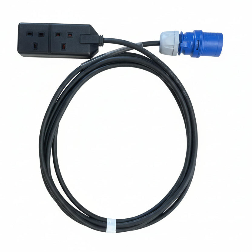 This 16A to 13A adaptor Cable is a simple, tidy way to power two 13A appliances from a 16A supply