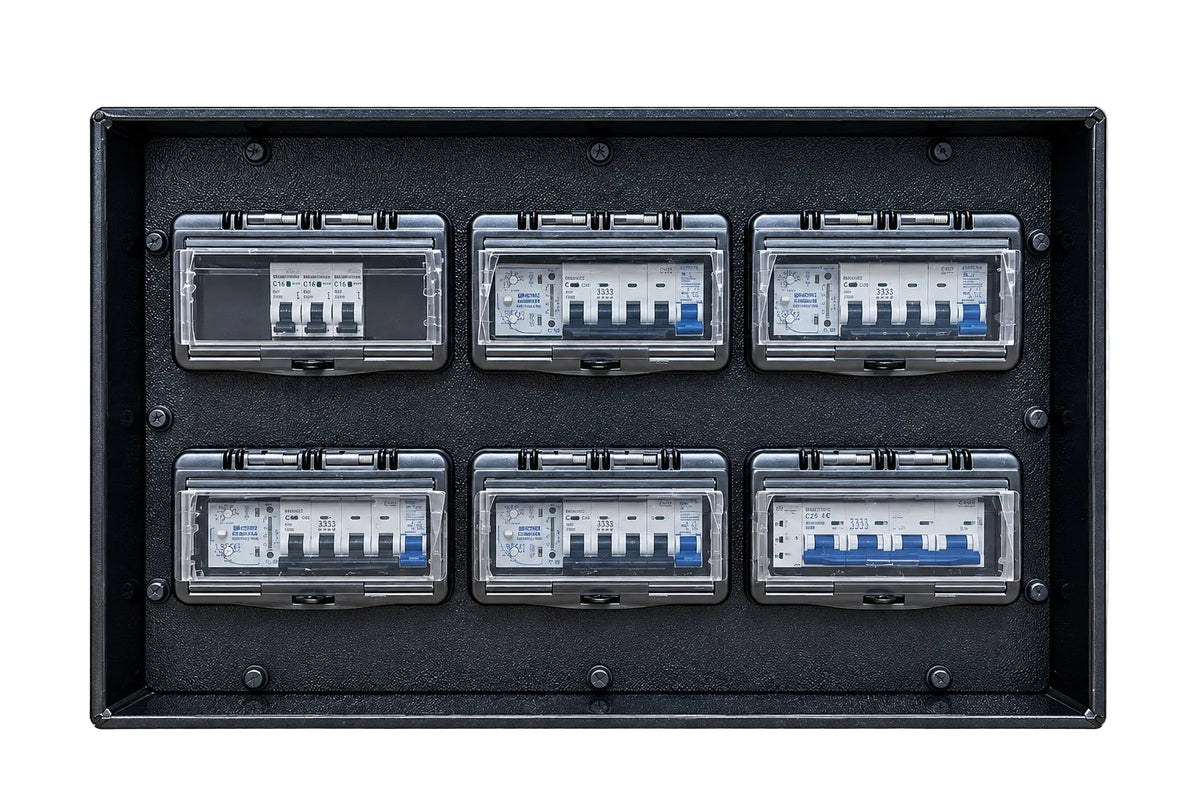 125A three phase compact power distribution box with 2 x 63A three phase, 2 x 32A three phase and 3 x 16A single phase outputs. Suitable for mains, generator and temporary power distribution.