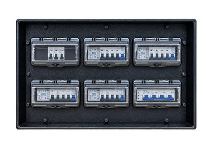 125A three phase compact power distribution box with 2 x 63A three phase, 2 x 32A three phase and 3 x 16A single phase outputs. Suitable for mains, generator and temporary power distribution.