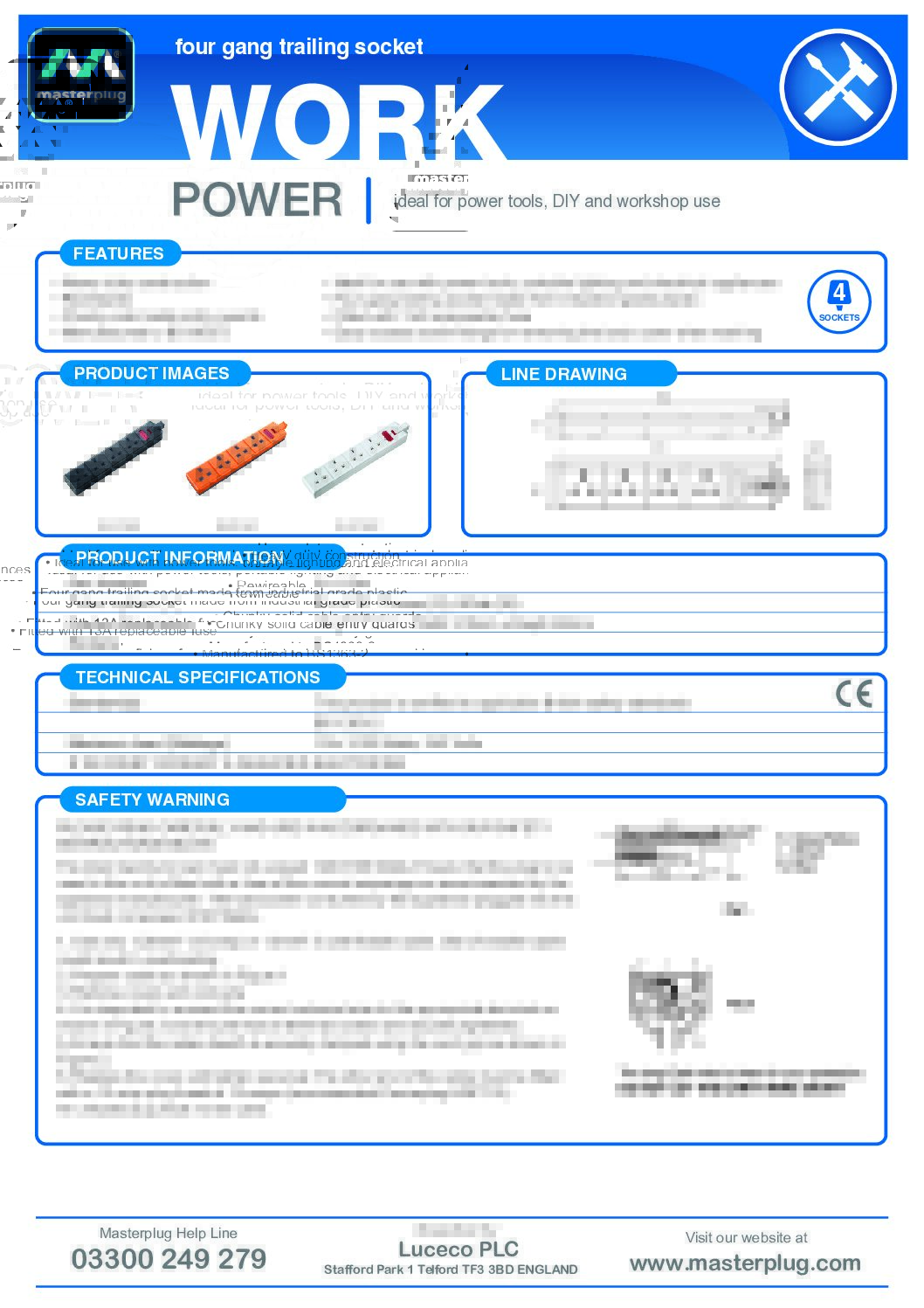 Masterplug 13A 4-Gang Rewireable Fused Socket with Neon Black