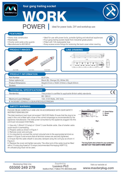 Masterplug 13A 4-Gang Rewireable Fused Socket with Neon Black