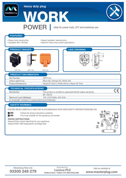 Masterplug HDPT13B-MP Heavy Duty 13 Amp Rewireable Plug